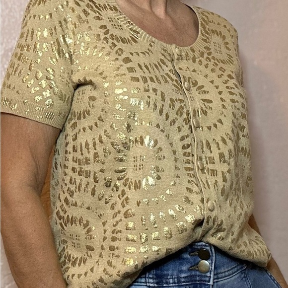 Chico's Sweaters - Chico's Gold and Tan Patterned Cardigan
